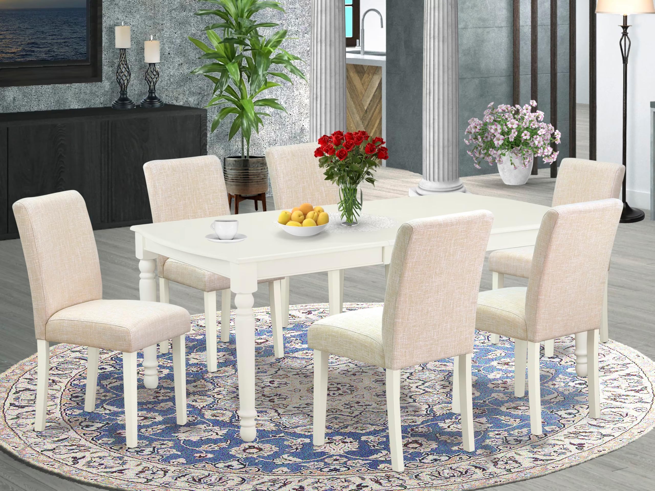 East West Furniture Doab7-Lwh-02 7 Piece Dining Room Set Consist Of A Rectangle Wooden Table With Butterfly Leaf And 6 Light Beige Linen Fabric Parson Dining Chairs, 42X78 Inch, Linen White